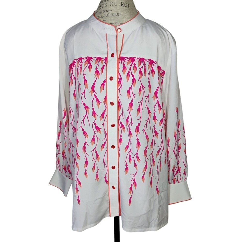NWT Vintage Bob Mackie Wearable Art Blouse 2X White Pink‎ Floral Button Front